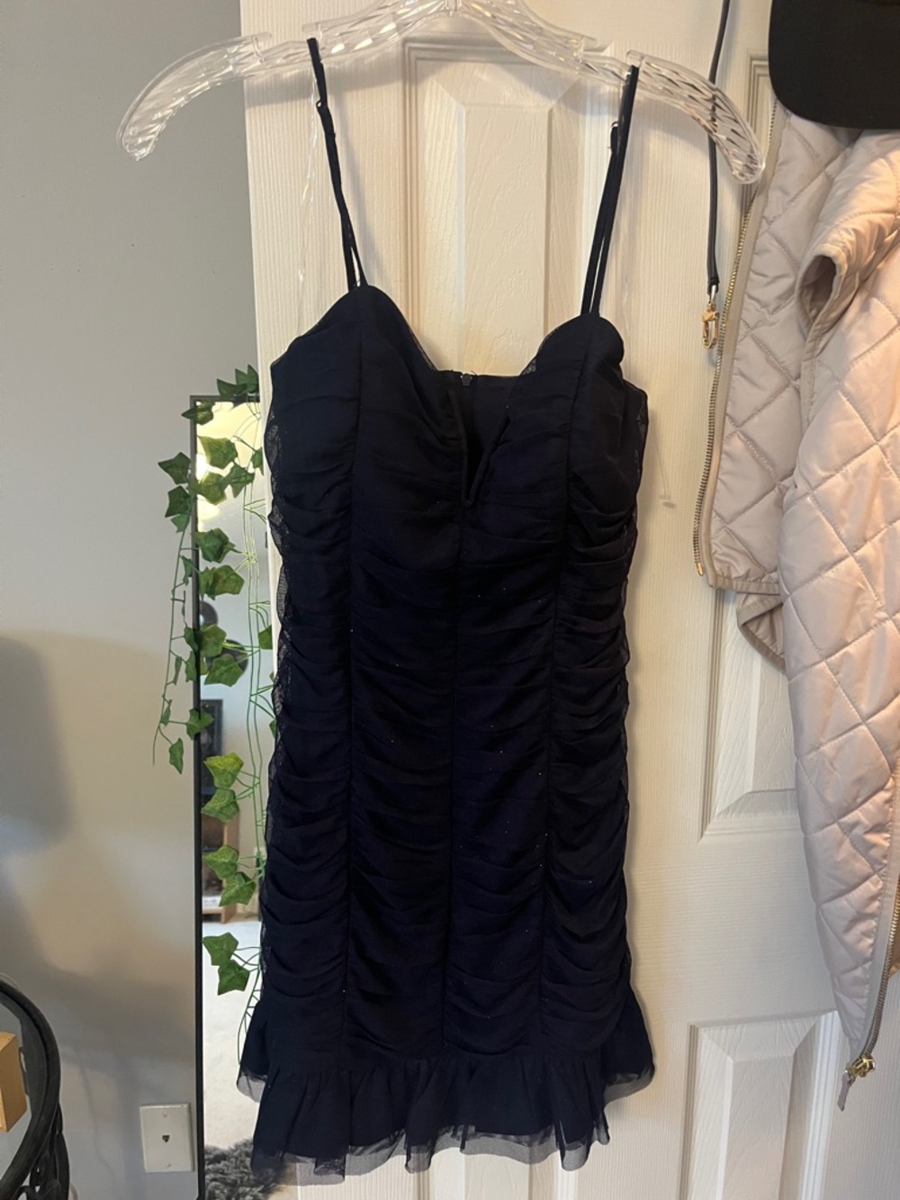 Crystal Doll Navy Ruched Spaghetti-Strap Mini Dress with Ruffled Hem